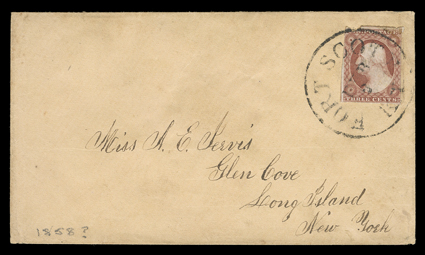 Fort Scott, Kansas, two covers, first a manuscript Fort Scott, Mo.Oct 7 and 25 rate while in Missouri Country on 1844 folded letter with integral address leaf to Boston, this
being the earliest known postmark from this town, second a 