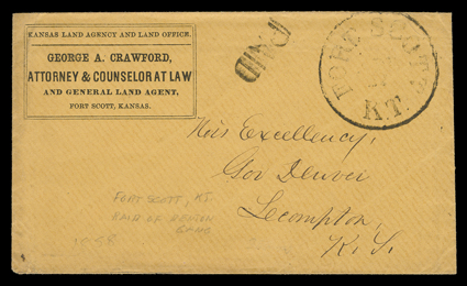 Fort Scott, Kansas (1858), large Fort Scott, K.T.Apr 22 datestamp while Kansas Territory and matching straightline PAID handstamp on buff cover to Governor Denver at Lecompton
with corner card of George A. Crawford, attorney and land agent,