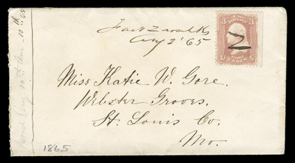 Fort Zarah, 1865, cover to Webster Groves, Missouri with 3c Rose (65) and manuscript Fort Zarah KsAug 2 65 postmark, fresh and very fine one of only two known cancellations
from this fort.Fort Zarah, Kansas was established September 6,
