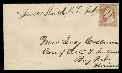 Moores Ranch, 1861, cover with 3c Dull red (26, corner fault) tied by manuscript Moores Ranch K.T. Feb 231 Kansas Territory postmark to Bay Port, Florida, very fine.The post
office was established on November 14, 1860 and was discontinued No