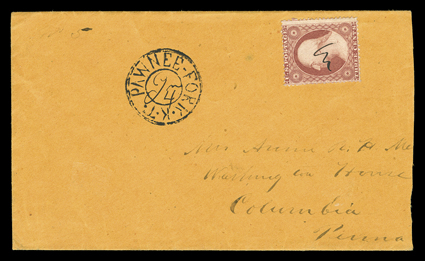 Pawnee Fork, Kansas Territory, beautifully struck double circle Pawnee-Fork, K.T. datestamp with manuscript June 4 date added on orange cover to Columbia, Pa. with 3c Dull red
(26) cancelled by manuscript squiggle, reduced at right, otherwise