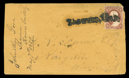 Shawnee, Kansas Territory, incredibly bold strike of straightline Shawnee, Kas handstamp tying 3c Dull red (26, creased) to buff cover to Kingston, Mississippi, May 7, 1859
docket at left, cover slightly reduced at left and with small nick at
