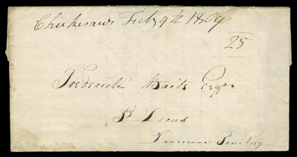 Fort Madison, Louisiana Territory, 1808, folded letter with integral address leaf datelined at Fort Madison 30th Nov 1808 in what was then Louisiana Territory and probably
carried by military courier, entering the mails with manuscript Chickas