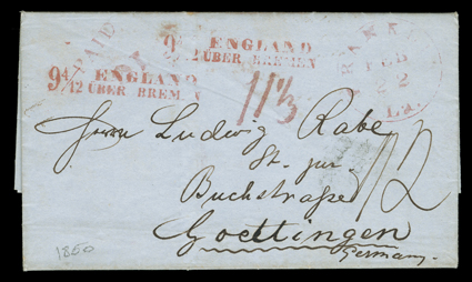 Franklin, Louisiana (1850) to Goettingen, Germany, pair of folded covers with integral address leaves sent five months apart, first with red Franklin, La.Feb 22 datestamp and
matching straightline Paid and 10 handstamps, departed New York