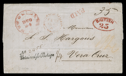[New Orleans, via Kingston, to Mexico], New York, N.Y. to Vera Cruz, Mexico via British mails, folded cover with integral address leaf datelined New York, 3rd December, 1851
with vivid red oval British25 credit handstamp applied in transit a