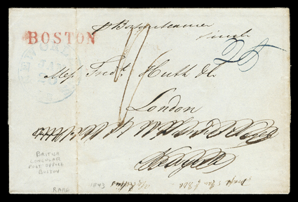 British Consular Office BOSTON,  red handstamp on 1843 folded letter originating in New Orleans, with blue New Orleans LaJan 20 postmark, addressed to New York with 25 cent
rate, where the address was crossed out and privately forwarded to B