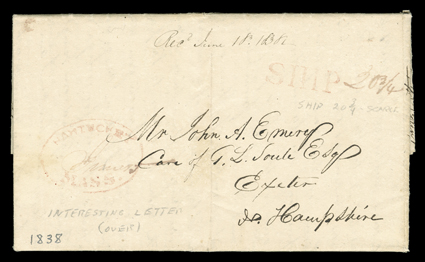 Nantucket, Mass. red oval postmark and their SHIP handstamp with 20 34 manuscript rate on folded letter with integral address leaf to Exeter, N.H. datelined February 7, 1838
At Sea on board the Brig SevlinLat 32 22 S Long 78 W, long letter