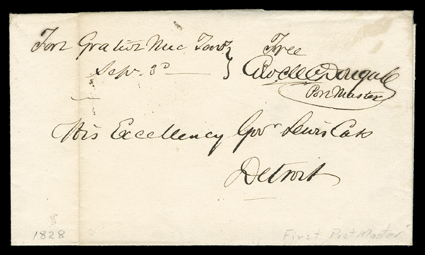Fort Gratiot, 1828 folded cover with manuscript Fort Gratiot Mic. TerrySep 3d postmark and postmasters free frank to Detroit, this being the earliest recorded postmark, and
manuscript Fort GratiotMic. TerryNov 9th and postmasters fre