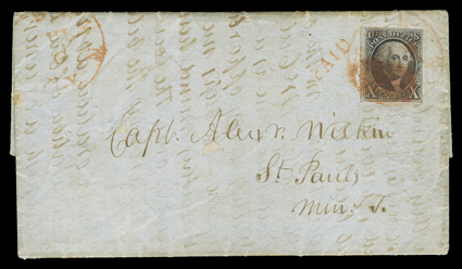 Inbound 1847 Issue Cover to Minnesota Territory, July 5 1849 folded letter with integral address leaf addressed to Capt. Alexander Wilkins at St. Paul, Minnesota Territory
franked by 10c Black (2), large margins to just touching frame line at up