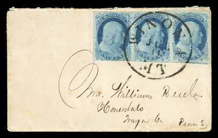 Winona, Minnesota Territory, small cover with original 1857 letter to Honesdale, Pa. with horizontal strip of three 1c Blue, Ty. II (7), mostly huge margins to just touching
at bottom left, tied by Winona, M.T.Jul 11 balloon style datestamp,
