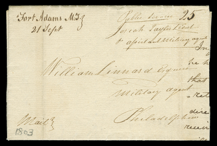 Fort Adams M.T., 21 Sept, bold manuscript Mississippi Territory postmark and matching 25 rate on 1803 folded letter with integral address leaf to Philadelphia, very fine the
earliest recorded postmark from Fort Adams.Fort Adams was establi