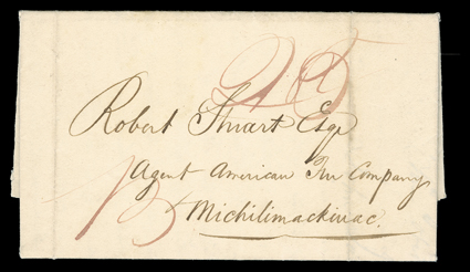 [Astor, William B.] folded letter with integral address leaf written and signed John Jacob Astor & Sons by William B. Astor datelined New York 17 June 1823, manuscript 25 rate
and matching B for steam boat to Robert Stuart at Michilimackm