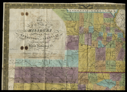 Map of the State of Missouri and Territory of Arkansas, David Mitchell. Philadelphia, 1835. 16.5 by 20 folds to 16mo in red leather folder with gilt title. Census tipped to
front pastedown, fully hand-tinted, folds reinforced on verso with arch