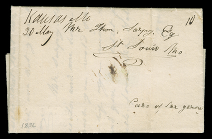 [Joseph Bissonette writes from Kansas, Missouri], interesting early letter from Joseph Bissonette, Wesport, May 18, 1836, to John B. Sarpy in St. Louis. With Kansas, MO
manuscript postmark and 10 cent rate. Bissonette says he found the carts