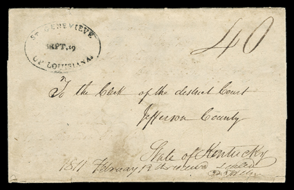 St. Genevieve, Up Louisiana, Sept. 19 (1810), mostly clear oval Louisiana Territory postmark on folded cover to Jefferson County Kentucky with original 1810 enclosure
datelined Territory of Louisiana, District of St. Genevieve, manuscript 40