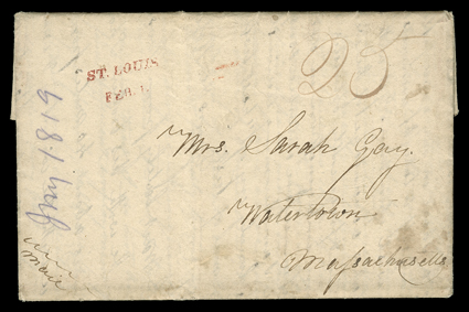 St. Louis (Missouri),  two straightline postmarks, first a clear St. LouisFeb 1 in red on 1819 folded letter with integral address leaf to Watertown, Mass., this being one of
only three recorded examples in red, the other a bold St. Louis