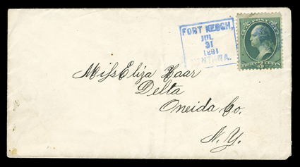 Fort Keogh, Montana Territory, mostly bold, blue boxed Jul 31, 1881 territorial period postmark tying 3c Green (184) cancelled by fancy matching Indian head, addressed to
Delta, N.Y., very fine. This fort was named for Captain Miles Keogh