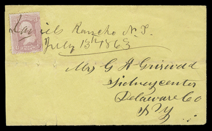 Daniels Ranch, Nebraska Territory, 1863 cover to New York with 3c Rose (65) tied by manuscript Daniels Ranch, N.T.July 13th 1863 territorial postmark with letter datelined
Nebraskey, Big Sandy in which the writer tells his wife that he has