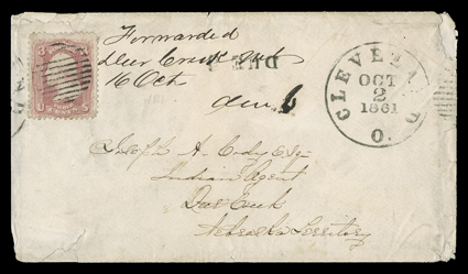 Deer Creek N.T., 16 Oct (1861), forwarded, manuscript Nebraska Territory postmark and matching Due 6 on cover from Cleveland, Ohio with 3c Rose (65, small fault) addressed to
Deer Creek and forwarded to Grasshopper Falls, Kansas, arrived with