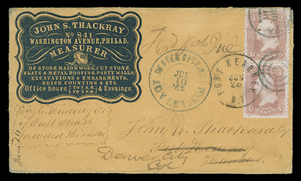 [Fort Kearney], two Nebraska territorial period covers, first with Ty. II Fort Kearney, Nebr.Apr 27 datestamp tying 3c Dull red (26, small fault) to orange cover to
Cowlesville, N.Y., the second Ty. III Fort Kearney, N.T.Jun 26 forwarding