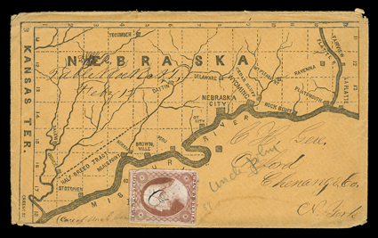 Table Rock, Nebraska Territory, manuscript February 15th postmark on allover map design cover with 3c Dull red (11, small faults) canceled by manuscript squiggle, minor edge
wear, very fine.The Post Office was established about 1856 or 1857 in P