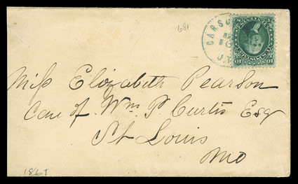 Carson City, Nevada (1861), clear blue Carson City, U.T.Sep 10 datestamp while Utah Territory tying well centered 10c Green (68) to tan cover to St. Louis, slightly reduced at
left where there is a harmless tear, very fine.