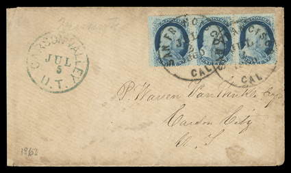 Carson Valley, Nevada, mostly clear bluish Carson Valley, U.T.Jul 5 transit datestamp while Utah Territory on cover originating with horizontal strip of three 1c Blue, Ty. V
(24) tied by two strikes of San Francisco, CalJul 2, 1860 datesta