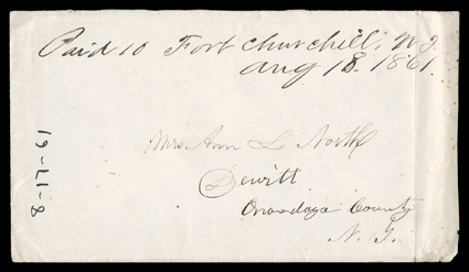 [Overland Mail Stations in Nevada Territory], two covers, first with manuscript Fort Churchill, N.T.Aug 18, 1861 and Paid 10 on cover to Dewitt, N.Y., the second a cover to
Camp Douglas, Utah Territory with 3c Rose (65) tied by clear Ruby