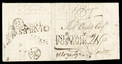 St Augustine To Pay 1N (1-), clear manuscript postmark and rate on 12 Sept. 1774 folded letter to London datelined at the Mount Oswald Plantation and showing full bold strike of
rare CHARLESTOWN two-line straightline British Colonial transi