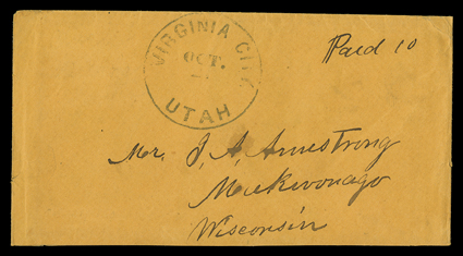Virginia City, Utah Territory, mostly clear Oct 21 (1860) Utah territorial period datestamp, present day Nevada, and manuscript Paid 10 on buff cover to Meukevonago, Wisconsin
with original letter, bottom flap added, otherwise very fine.A.G.