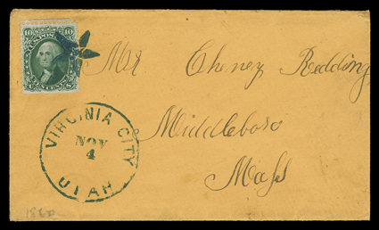 Virginia City, Utah Territory, clear blue Nov 4  (1860) Utah territorial period datestamp (present day Nevada) on orange cover to Middleboro, Mass. with well centered 10c
Green (68) tied by matching five-point star fancy cancel, very fine and