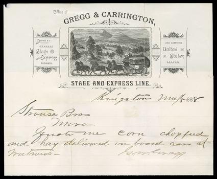 [Kingston, New Mexico - Lake Valley, Hillsboro & Kingston Stage and Express Company], handsome six-horse stage illustrated advertising cover to Mora, New Mexico with 3c Green
(213, creases) tied by cork cancel and indistinct Kingston datestamp a