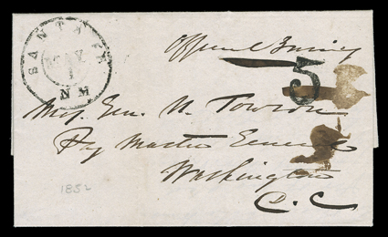 Santa Fe, New Mexico, four early covers comprised of 1848 folded cover with integral address leaf to Belleville, Illinois datelined Santa Fe New Mexico, January 10, 1848 and
endorsed on front From the Army of the West entering the mails with