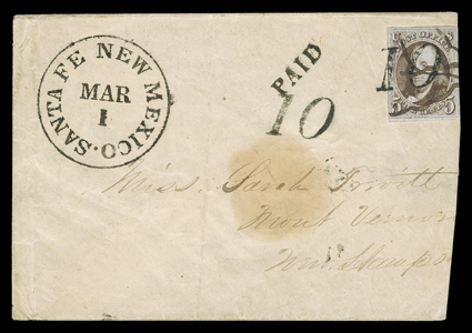 Santa Fe, New Mexico (1850), perfectly struck Mar 1 datestamp and matching 10 rate handstamp on cover to Mount Vernon, N.H. with 5c Brown (1) with manuscript stroke cancels
and tied by second strike of 10 rate handstamp, cover reduced at rig