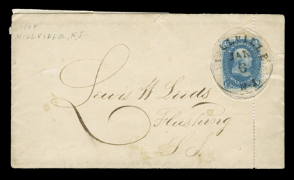 [Leeds patent envelope from Millville, New York], patent envelope to Flushing, Long Island with vertical perforations at right and 1c Blue (63, faults, as is to be expected)
placed in portrait frame and tied by Millville, N.Y.Jan 6 datestam