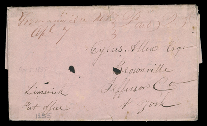 Tremainsville, Michigan Territory, manuscript Apl 7 Michigan territorial period postmark and Paid 25 on pink 1835 folded letter to Brownville, N.Y., trivial tear at top, very
fine.The following extracts are from a letter under date of Tremainsv