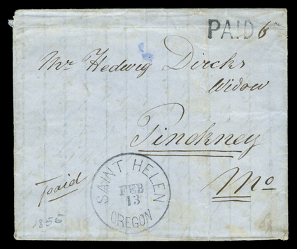 Saint Helen, Oregon, clear Feb 13 Territorial period datestamp and handstamped PAID with manuscript 6 rate on 1855 folded letter with integral address leaf to Pinckney,
Missouri, very fine.