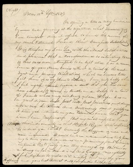 [The Fate of Hiram Scott] Intriguing autograph letter signed, with integral address leaf, by James B. Bruffee, Potosi, MO, September 10, 1829. He writes Robert Campbell, Late
from the Rocky Mountains  Care of Mr. Keyte  St. Louis. Speakin