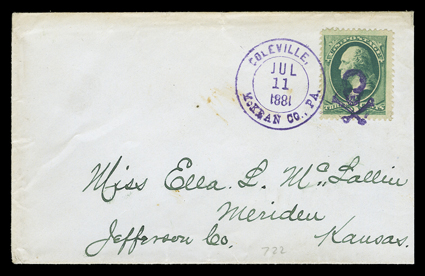 Coleville, McKean Co., Pennsylvania, beautifully struck violet double circle Jul 11, 1881 county name datestamp and matching detailed skull and crossbones fancy cancel tying
3c Green (184) to cover to Meriden, Kansas, arrival backstamp, ex
