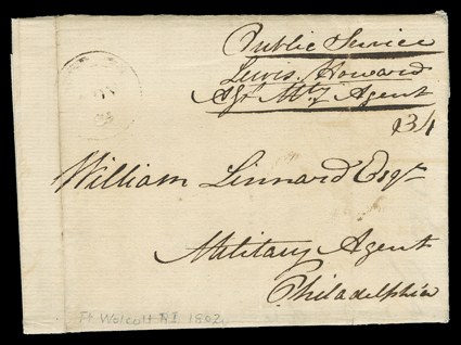 Fort Wolcott, (Rhode Island) Nov 25th, 1802, dateline on folded cover with integral address leaf to Philadelphia with manuscript Public Service endorsement, light Newport,
R.I. datestamp, very fine.In the letter written by Capt. Lewis Howard,