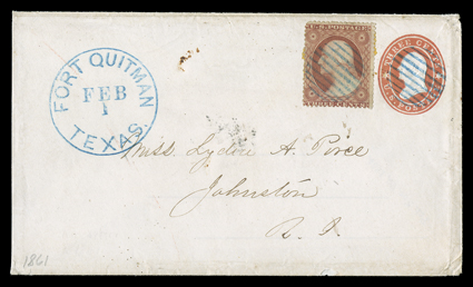 Fort Quitman, TexasFeb 1 (1861), perfectly struck blue postmark applied on the first day of the Independent State of Texas to 3c Red on white Star die entire (U26) uprated
with 3c Dull red (26), both cancelled by matching open grid, addres