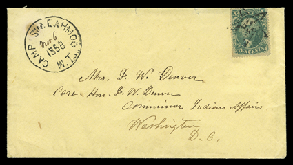 Camp Simeahmoo, Washington Territory, well struck Camp Simeahmoo, W.T.1858 datestamp with Nov 6 date added by hand on yellow cover with 10c Green, Ty. II (32, small faults)
tied by fancy five-point star cancellation, addressed to Mrs. J.W.