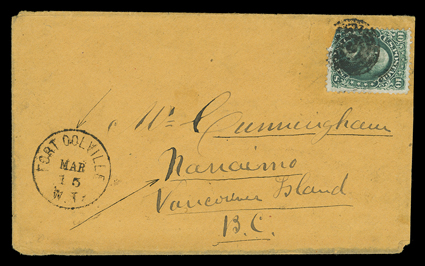 Fort Colville, Washington Territory, clear Fort Colville, W.T.Mar 15 datestamp on cover with 10c Green (68, damaged) tied by target cancel, to Nanaimo, Vancouver Island,
British Columbia, slightly reduced at right, very fine.The Fort Colville