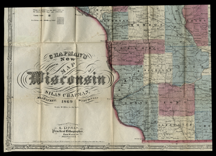 Chapmans Sectional Map of Wisconsin, W Silas Chapman. Milwaukee, L. Lipman, 1869. 32.5 by 24.5 folded to 16mo in green cloth. Hand tinted, light foxing and toning, usual minor
fold wear.