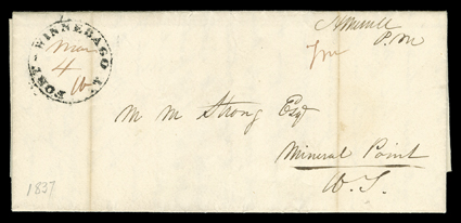 Fort Winnebago, two folded letters with integral address leaves, first with the earliest reported strike of the Ty. II postmark Fort Winnebago, M.T. with manuscript Mar 16
date on 1832 folded letter with 25 rate to Pittsburgh, the secon