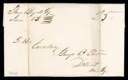 Green Bay, Michigan Territory, bold June 13 manuscript postmark and matching 25 rate while Michigan Territory on fresh 1832 folded letter with integral address leaf to
Detroit, usual file fold through postmark, very fine.