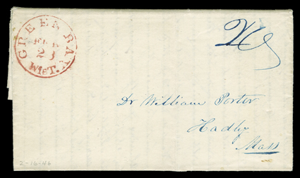 [Green Bay Missionary] Interesting content autograph letter signed by missionary Jerimiah Porter to his father William in Hadley, MA, Green Bay, February 16, 1853. With
February 23 Green Bay  Wis.T. postmark. Porter writes in part about the fi