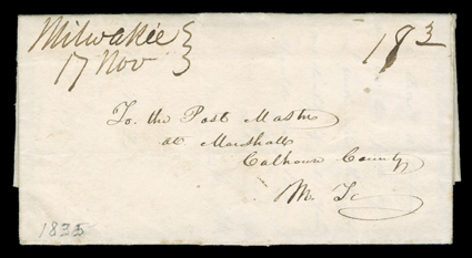 Milwakee, Michigan Territory, manuscript November 17 Michigan territorial period postmark and matching 18 3(4) rate on 1835 folded letter with integral address leaf to
Marshall, Michigan Territory, fresh and very fine.