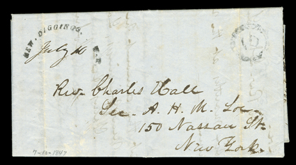 New Diggings, Wisconsin Territory three territorial period postmarks, first a bold straightline NEW DIGGINGS DEC with manuscript W.T. and 8 day and 10 rate added on 1845
folded letter with integral address leaf to Cumberland, Maine, secon