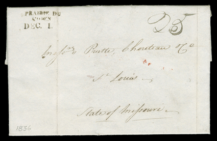 Prairie du Chien, four folded letters with integral address leaves, first manuscript Prairie du Chien, Mic. T.January 15th (1825) and J.H. LockwoodPostmasterFree, this being
the second earliest recorded postmark from this town, second a th